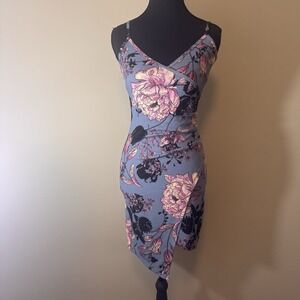 Almost Famous Floral Teal Mini‎ Dress Front Slit Asymmetrical Hem Size Extra S